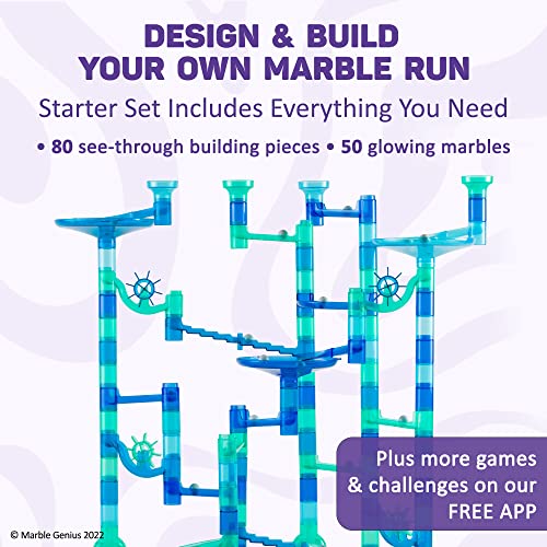 Marble Genius Marble Run Starter Set STEM Toy for Kids Ages 4-12 - 130 Complete Pieces (80 Translucent Marbulous Pieces and 50 Glass Marbles), Construction Building Block Toys, Theme (Ocean),