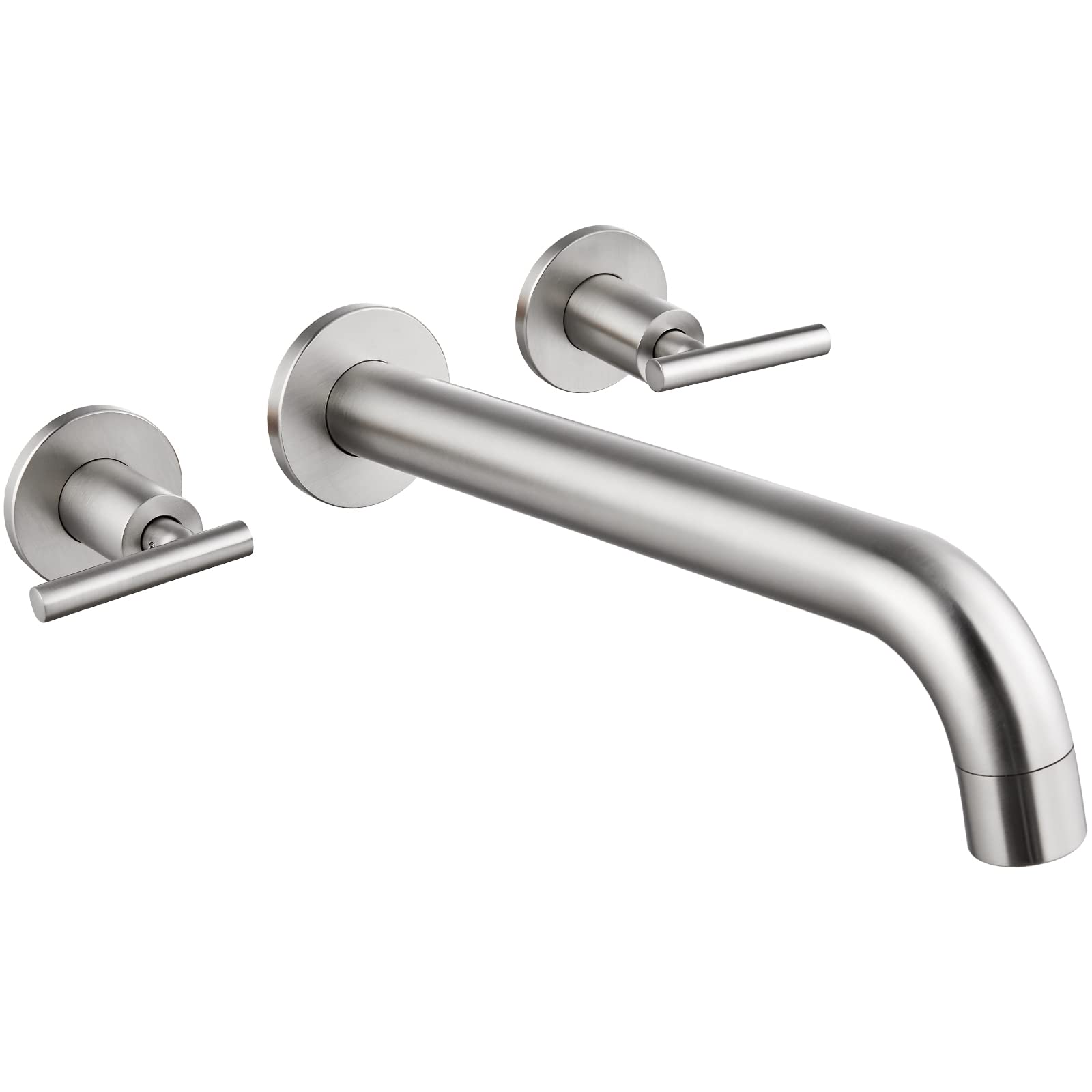 MidanyaBrushed Nickel Bathtub Facuet Wall Mount Tub Filler Two Level Handles Long Spout Reach Solid Brass High Flow 3 Hole Bathroom Tub Faucet with Rough in Valve included Roman Tub Faucet