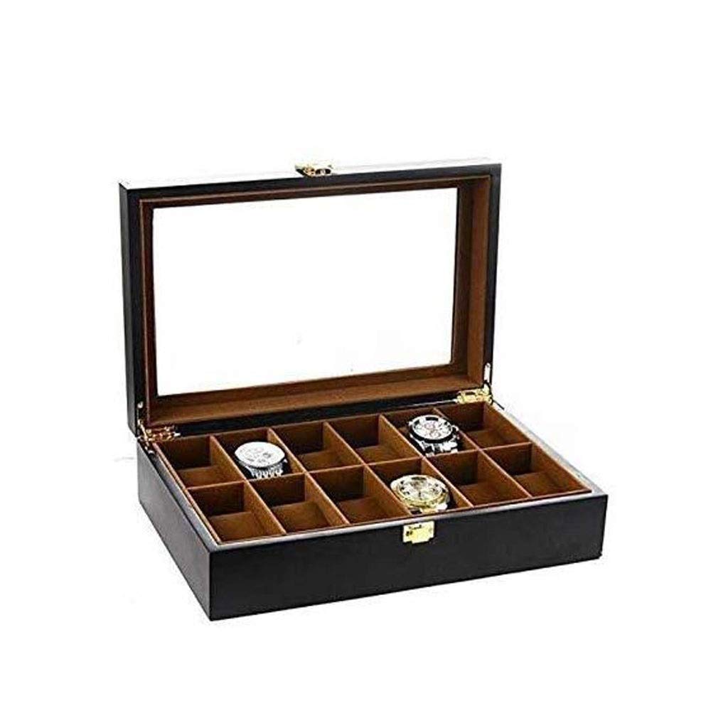 Uhrenbox-Organizer-Kissenbezug – luxuriöse Premium-Vitrinen mit 12 Fächern und gerahmtem Glasdeckel, Elegante Kontrastnähte, robuster und sicherer Verschluss für