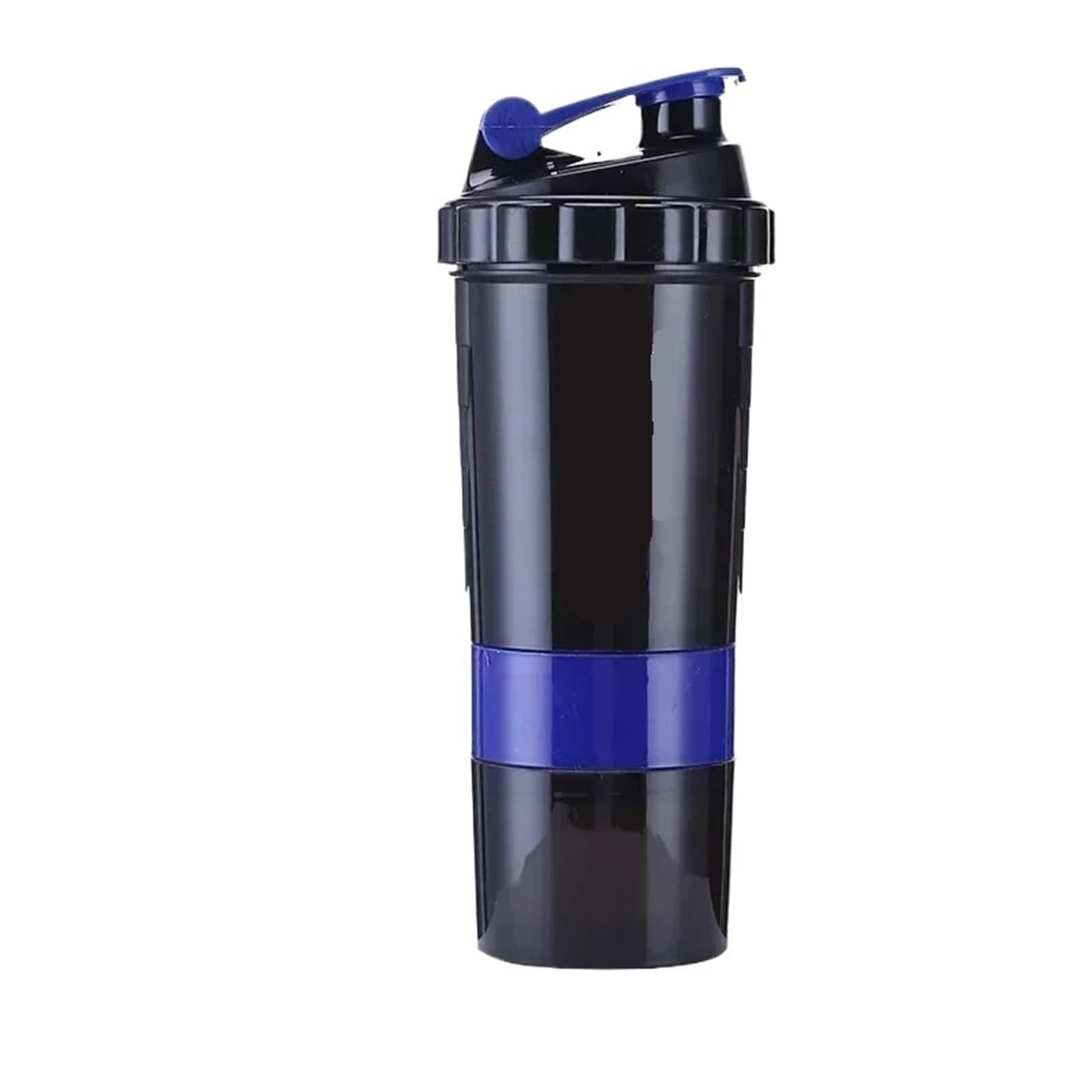 Botella de coctelera de 3 capas para mezcla de proteínas, taza de agitación, agua deportiva, botellas de plástico escala con caja de medicamentos(Blue)