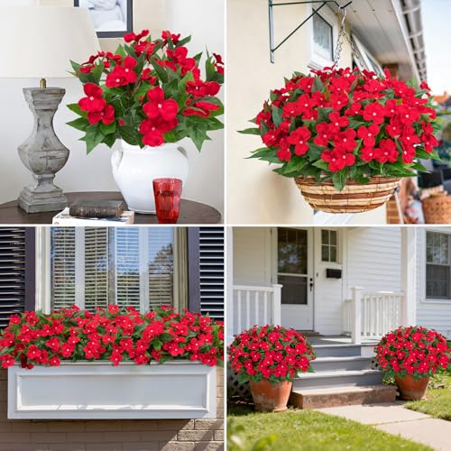 Image of Bassion 6 Bundles Artificial Flowers for Outdoors Fake Impatiens, Red | UV resistant, silk flowers, no fade realistic faux plants, outside patio garden porch planters window box balcony home decor