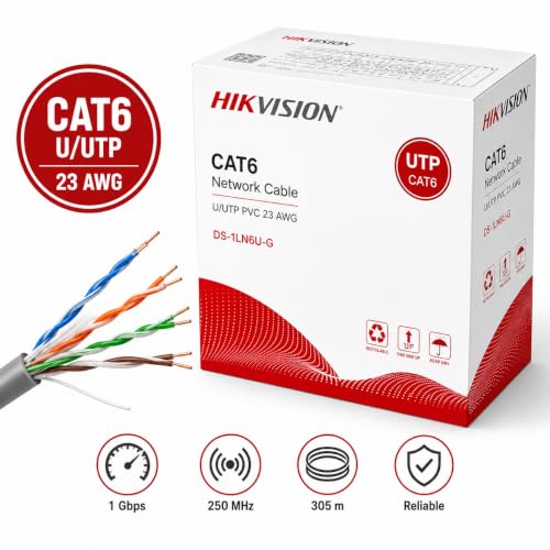 Image of HIKVISION CAT6 Ethernet Cable 305m | 23AWG | SOLID BARE PURE COPPER 99.95% | Diameter : 0.55mm | 250MHz | High Speed Network Cable for CCTV Cameras, Routers, PoE Switches, Offices | DS-1LN6U-G