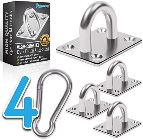 4 PCS M6 Premium Square Stainless Steel Pad Eye Hooks + 4PCS Snap Hooks and 16 PCS Screws with 16 PCS Plastic Expansion Tube, Ceiling Hooks Heavy Duty for Outdoor Indoor Activity