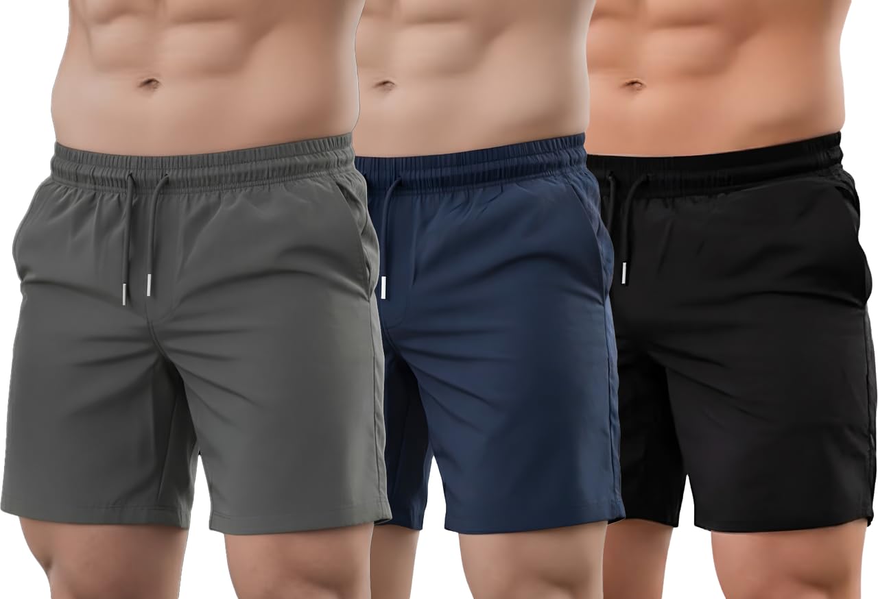 3 Combo Men Shorts Blue Grey Black Charcoal Regular Fit for Workout Training Casual Elastic Waist and Pockets-image-20