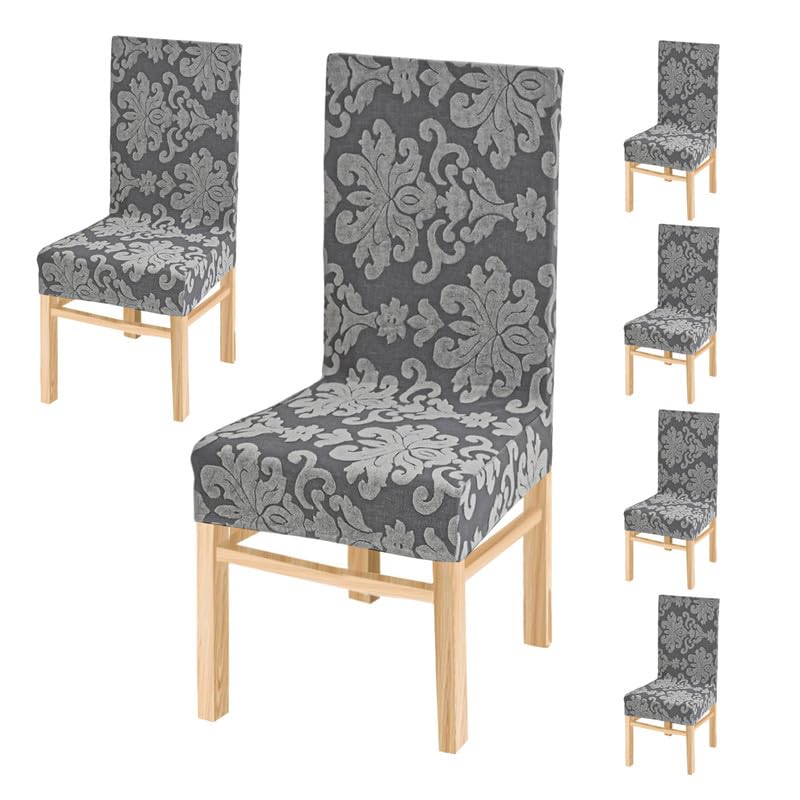 Yellow Weaves Elastic Stretchable Dining Chair Cover, Removable Washable Elastic Self Jacquard Dining Chair Covers (Set of 6, Dual Tone, Light Grey)