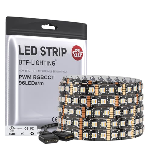 BTF-LIGHTING RGBCCT 5 Colors in 1 LED 5050SMD RGBWW RGB+Dimmable Tunable Color Temperature 2700K-6500K UL Listed 16.4ft 96LED/m 480LED DC12V Multi-Colored IP30 for Decoration(No Adapter or Controller)