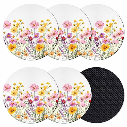 Coasters Set of 6, Botanical Flowers Round Drink Coasters for Coffee Table Decor, Rustic Seasonal Blooms Floral Herbs Absorbent Cup Coaster for Housewarming Gift/Home Décor, 4 Inches