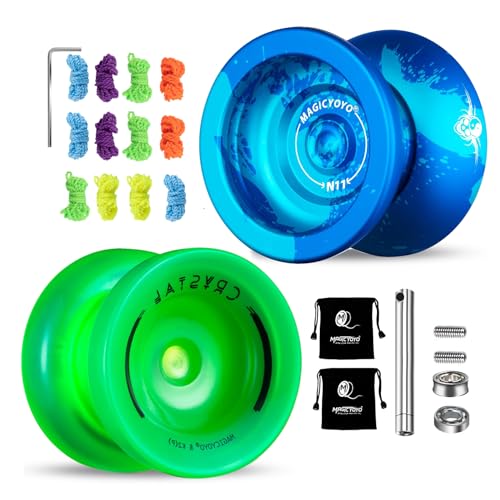 MAGICYOYO Dual Purpose Yoyos - N11 Blue Splash Alloy Professional Unresponsive Yo Yo and K2 Glow Green Plastic Responsive Yoyo with 2 Bags,12 Yoyo Strings, Responsive Bearings Kit