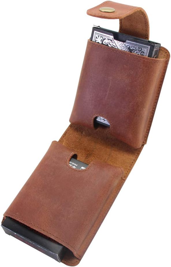 boshiho Playing Card Case, Genuine Leather Double Playing Cards Deck Holder for Magicians and Poker Players, Camping Holidays Trips