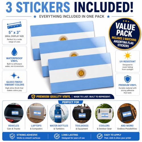 Image of Argentina Vinyl Flag Stickers, Car Decals, Waterproof Indoor Outdoor, Laptop Stickers, Car Bumper, Argentinian Flag, 5 x 3 Inches, Set of 3