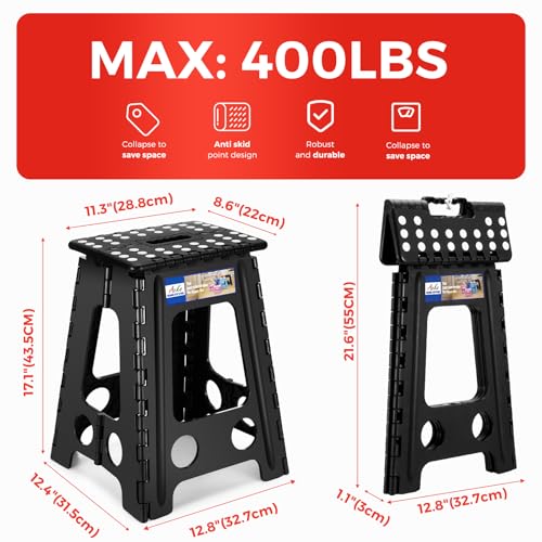 Image of ACKO Folding Step Stool Foldable 17.5 Inch 400 lbs Capacity, Plastic Stools for Adults and Kids, Collapsible Stools for Kitchen, Stepping Stool with Handle (Black)