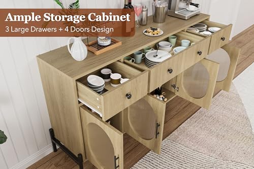 GarveeHome 62" Large Sideboard Buffet Cabinet with Storage and 3 Drawers, Buffet Table Coffee Bar Storage Cabinet with 4 Glass Doors for Dining Room, Living Room, Kitchen