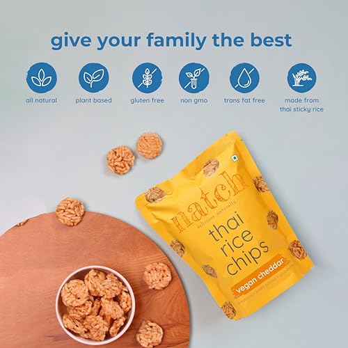 Image of Natch Thai Sticky Rice Chips pack, healthy Sanks 100% Natural, Vegan & Gluten Free, Low Calorie Chips for Adults & Kids, 100g, Vegan Cheddar