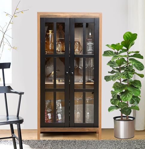 LuxenHome-Storage-Cabinet-with-2-Door-Natural-Wood-Glass-Accent-Cabinet-Farmhouse-Kitchen-Pantry-Cabinet-475-Freestanding-Buffet-Cabinet-with-Storage-for-Living-Room LuxenHome Storage Cabinet with 2 Door Natural Wood Glass Accent Cabinet Farmhouse Kitchen Pantry Cabinet 475 Freestanding Buffet Cabinet with Storage for Living Room