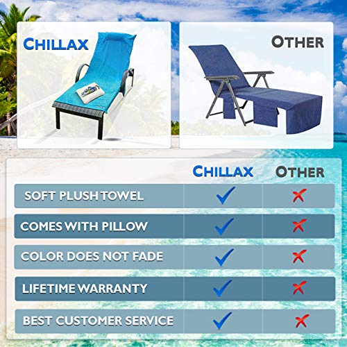 Chillax Beach Chair Pool Towels - A Must Have on a Cruise Ship for Men and Women. Towel Accessories Include Pillow and Side Pockets. No Clips Needed. Lounge Chaise Cover Great for Sunbathing at Hotel