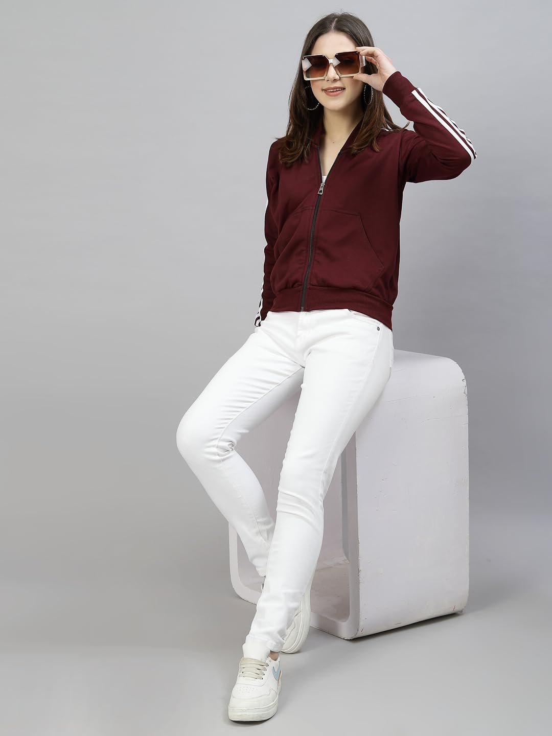 UZARUS Women Cotton Full Zipper Sweatshirt Fleece Jacket for Winter (Wine) - Image 2 thumbnail
