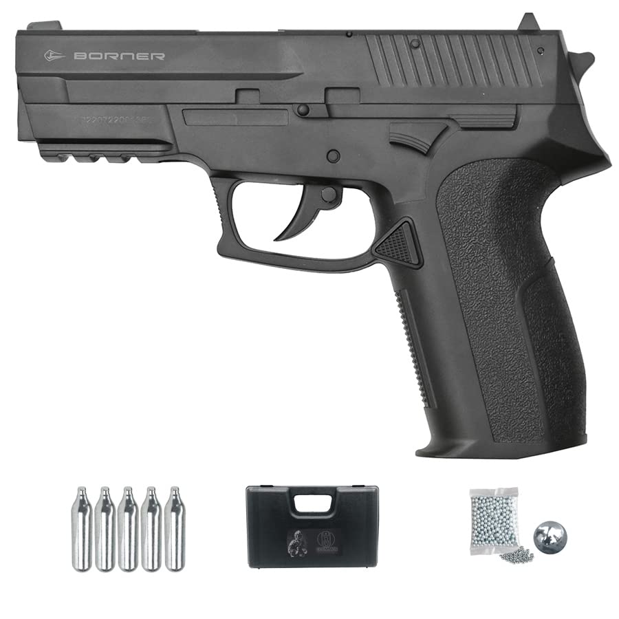 Pistola de balines Borner 2022 | Arma semiautomática Calibre 4,5mm de Bolas de Acero (perdigones BB's) Tipo Sig Sauer SP2022 + maletín, CO2 y Bolas