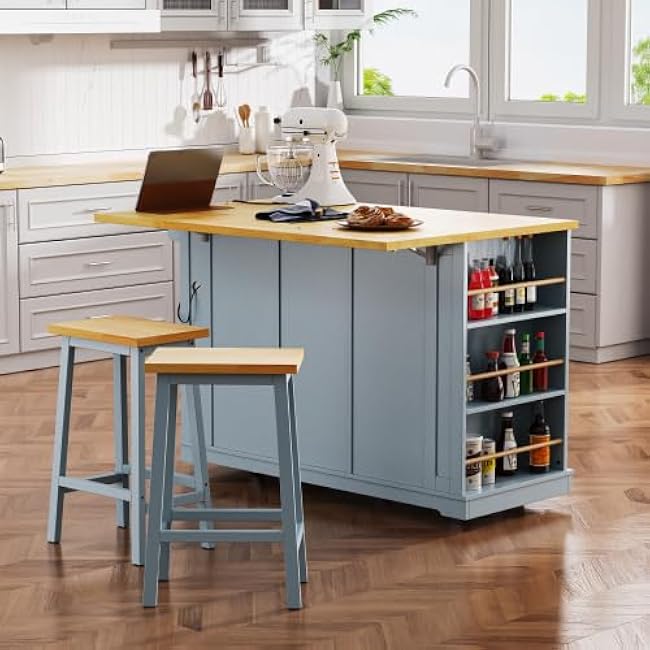 53 inch Large Kitchen Island with Drop Leaf, Power Outlet, Door Internal Storage Rack, Rolling Kitchen Cart on 5 Wheels for Kitchen, Dining Room-j98sRuU3