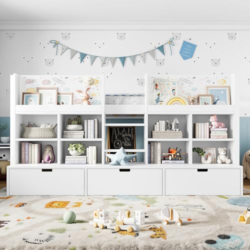 Image of Twin Size Low Loft Bed for Kids with Storage Shelves, Play Curtain & Chalkboard,Space-Saving Design,No Box Spring Needed (White-S7)