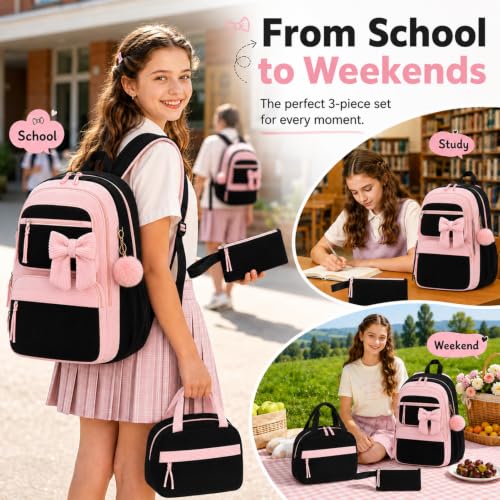 Mochila escolar rosa evita el desorden con su estuche y portameriendas 6