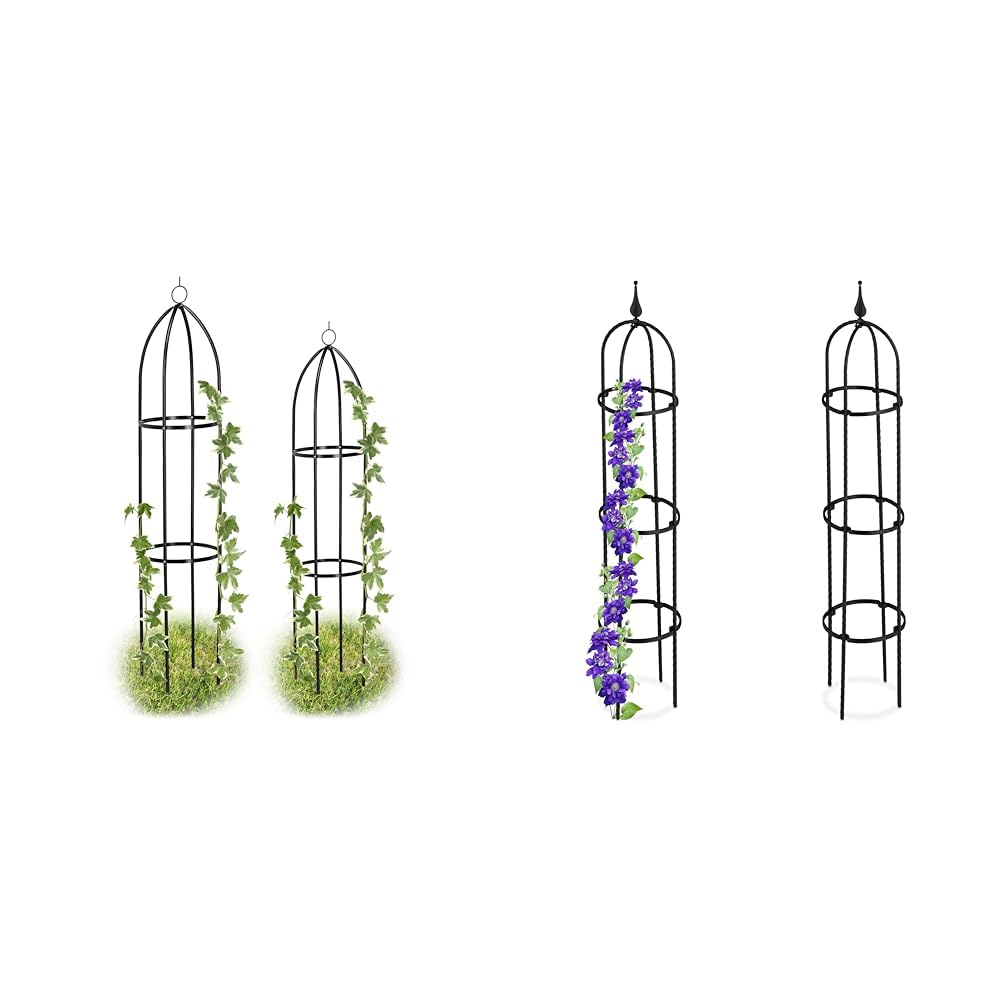 Relaxdays Rankturm 2er Set, freistehend, Rankhilfe für Rosen & Rankhilfe Obelisk, 2er Set, 100cm hoch, Ranksäule für Kletterpflanzen, Metall, freistehend, Rosenturm, schwarz