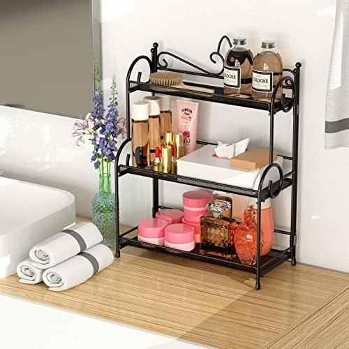 EKNITEY Kitchen Countertop Storage Organiser - 3 Tier Folding Bathroom Counter Organisation and Storage for Spice, Makeup Black