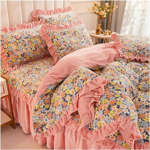 Juego de Funda de edredón de Terciopelo, Funda de edredón cálida y Duradera (Funda de edredón + Falda de Cama con 2 Fundas de Almohada) con Cierre de Cremallera (Size : 2.0 * 2.2m Bed+)