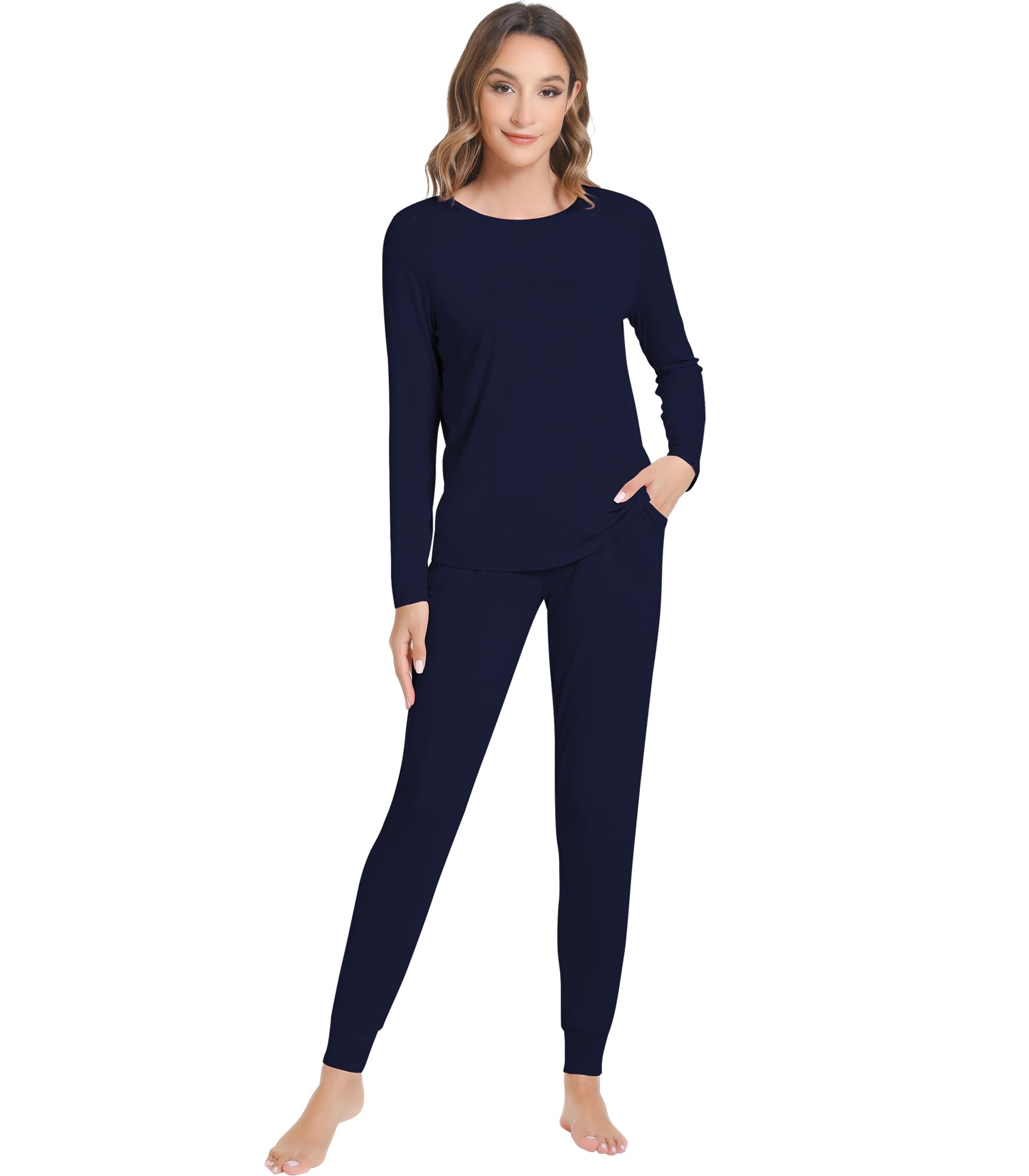 NACHILA Pajamas for Women-Viscose Made from Bamboo Long Sleeve Pajama Sets Crew Neck Pj with Joggers Pants Soft