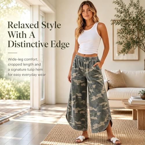 Women's Olive Camo Wide Leg Jeans, Elastic Waist Tulip Hem - image 3