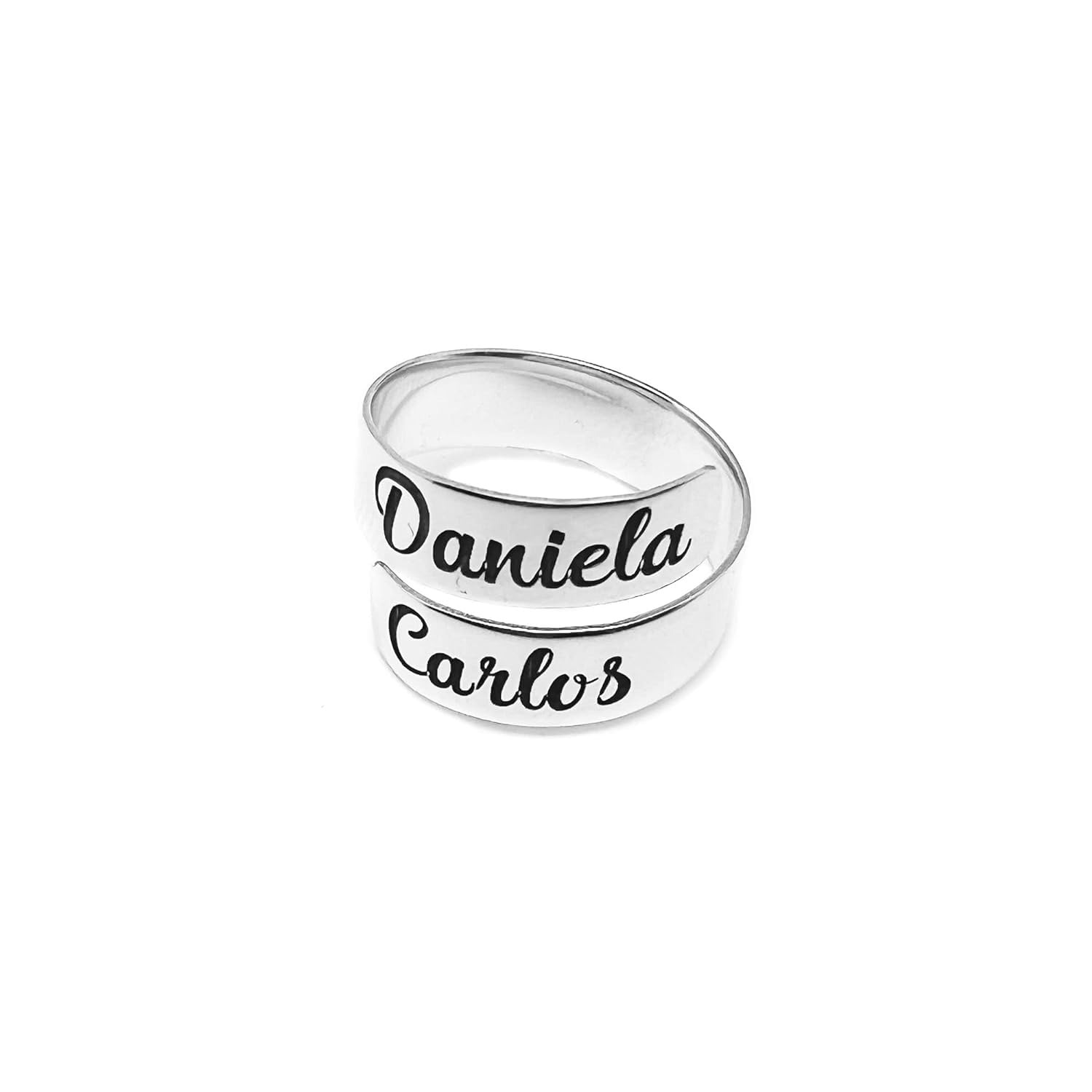 Anillo ajustable personalizado con nombres en plata de ley 925 | Joya grabada para mujer | Regalo único de amor, amistad o familia. Modelo 2 Nombres