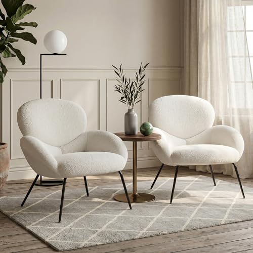 Image of Accent Chairs Set of 2 for Living Room, Boucle Fabric, Beige | Modern Accent Chair with Cloud Backrest, Soft Textured Boucle Fabric, Small Reading Chair for Sunroom, Reception Area