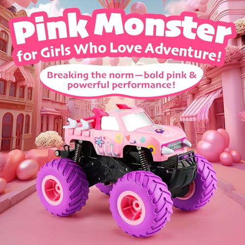 Image of Threeking 1:16 Amphibious Monster Truck Pink Remote Control Car for Girls | Waterproof Durable 4WD Off-Road RC Crawler Cars Pick-Up Unique Toys Gifts for Ages 6-12