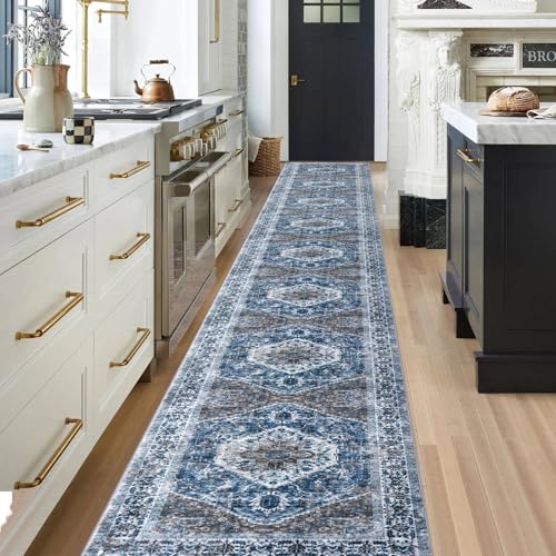 KOZYFLY Runners for Hallways 2.6x20 Ft Extra Long Washable Kitchen Thin Runner Rug Boho Runner Rug for Entryway Indoor Blue Printed Oriental Faux Wool Stair Floor Carpet Runner for Stair Kitchen Hall