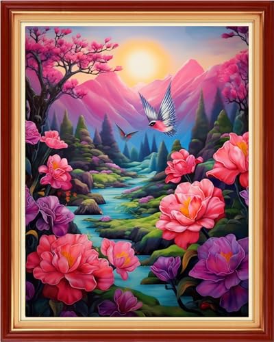 Image of Funchey Stamped Cross Stitch Kits, DIY Cross Stitch Pattern for Adults Beginners Needlepoint Kits Embroidery Kit Arts and Crafts 11CT&Colorful Flower Hummingbird 16x20 inch