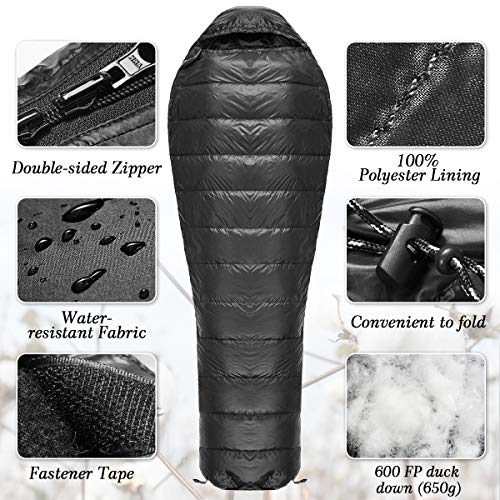Mummy Down Sleeping Bag, 41 Degree F 600 Fill Power 4 Season Warm & Cold Weather - Ultralight Compact Portable Waterproof Camping Sleeping Bag with Compression Sack for Adults, Teen, Kids (2-Black) - Thumbnail 6