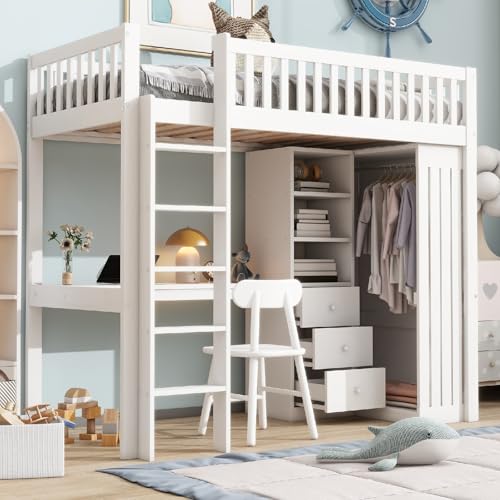 PUGSDRLY Lit Mezzanine 1 Place 90x200cm avec Bureau Armoire et 3 tiroirs,Rangement Ouvert,Design de Clôture Haute,Cadre de Lit en Pin Blanc pour Enfant Adolescent...