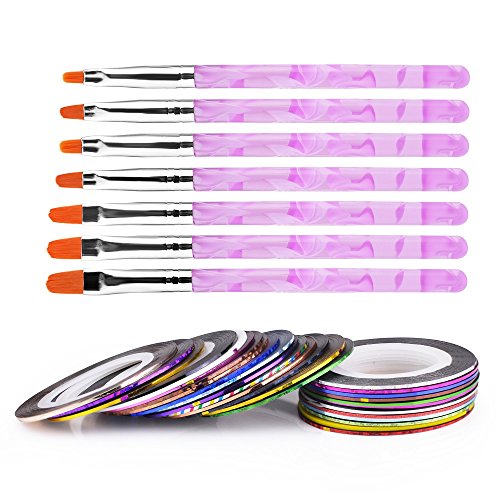 Set de 7 pinceles profesionales para uñas de gel acrílico UV + paquete de 30 tiras adhesivas para manicura Cover