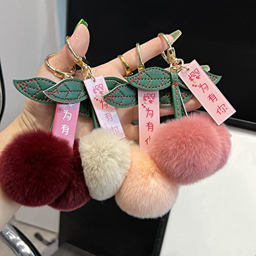 Cute Cherry Keychain Pom Pom, Faux Fur Ball Key Fluffy Keychain Pendant For Women Bag Pendant Backpack Hanging Decor #TOP4