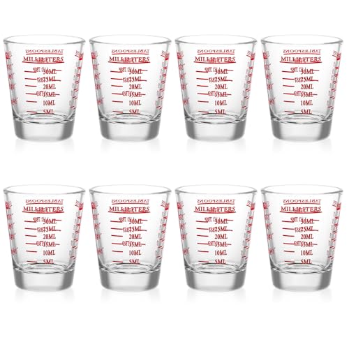 NUOBESTY 8pcs 30ml Glass Graduated Measuring Cups for Espresso and Baking, Liquid Measuring Glasses, Household Small Glass Cups with Red Scale