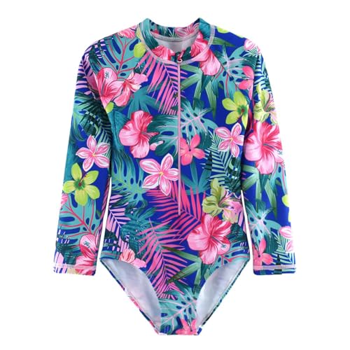 Image of Girls Swimsuits One Pieces Long Sleeve Swimwear UPF50+ Toddler Kids Zipper Sun Protection Bathing Suits Sizes 2-12