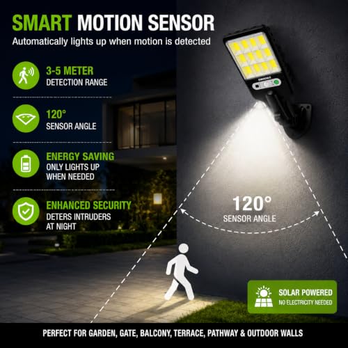 Image of SENTI 180W 10000LM Premium Solar Motion Sensor Wall Light | Outdoor Waterproof LED Light | Auto On /Off | IP65 Wireless Security Light for Garden, Gate, Balcony, Terrace & Pathway