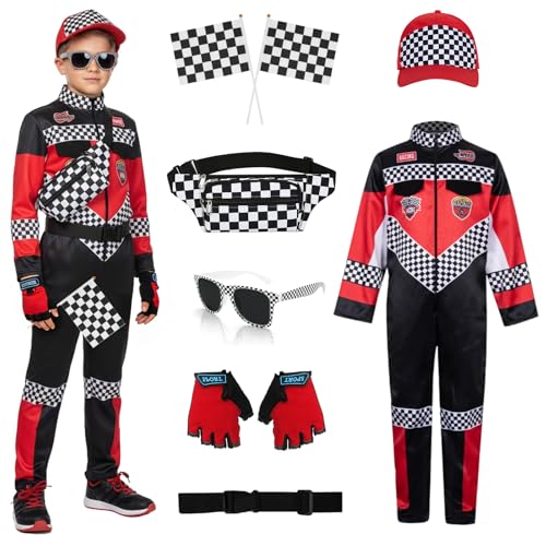 ZJKUBOIS Costume de pilote de course pour enfant garçon - Accessoires de costume de course avec casquette de course, gants, sac banane, lunettes de soleil,...