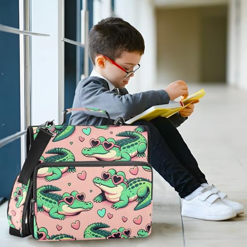 Image of 3 Ring Zipper Binder with Shoulder Strap Alligator Crocodiles Pink 1.5 inch Binders Keeper Large Capacity Multi Pockets for School Office Supplies