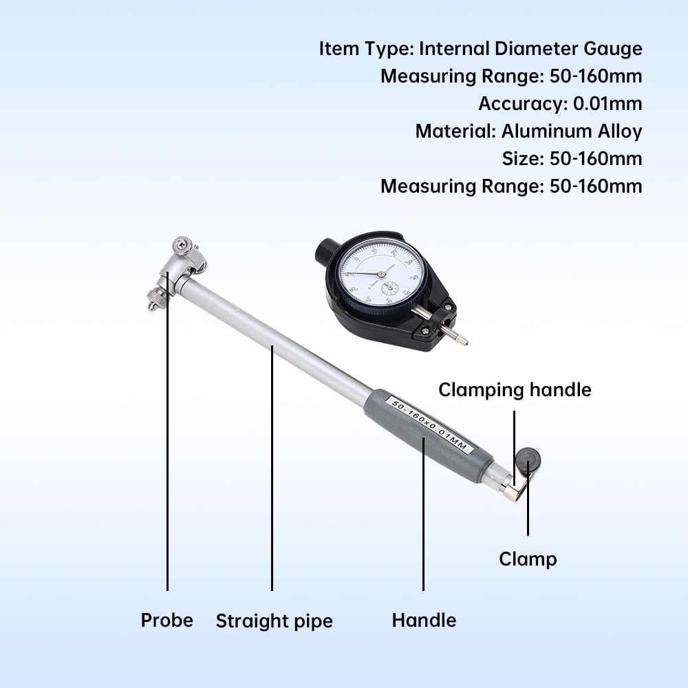 Kit misuratore di alesaggio quadrante del cilindro, strumenti di misura calibro del quadrante degli strumenti 50-160mm Strumento di misurazione dell'indicatore quadrante(Inner diameter scale 50-160)