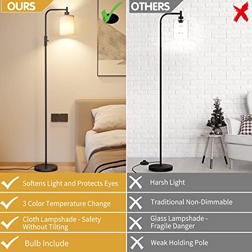 Sunmory Industrial Floor Lamps For Living Room,Modern Floor Lamp With 3-Color Temperature Led Bulb,Tall Standing Lamp With Linen Shade,Farmhouse Black Floor Lamp For Bedroom,Room Lamps #TOP2