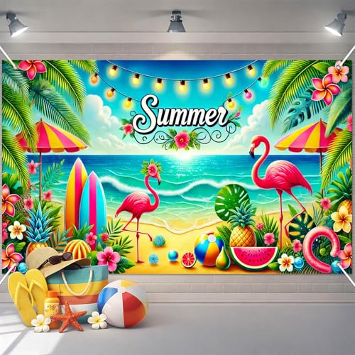 Image of HOMETITUTE Summer Beach Banner 71x43 Inches Summer Backdrop Beach Party Decorations Hawaiian Tropical Banner with Flamingo, Fruit and Surfboard, Pool Party Decor for Outdoor Decorations Supplies