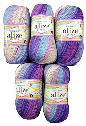 Yunteks - Sekerim Bebe Batik - 3483-5 balls of 100 g - 500 g balls - Multicoloured, 500 g - Acrylic, Multicoloured, Purple/Pink/White