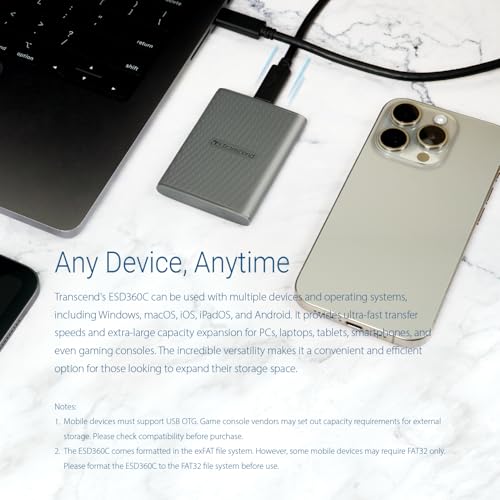 Image of Transcend 2TB External SSD, USB 3.2 Gen 2 (20Gbps), Up to 2,000MB /s, Portable SSD with USB-C Cable, for Steam Deck, ROG Ally, MSI Claw, Windows&Mac, iPhone, iPad, Android, PS5, Xbox, Smart TV