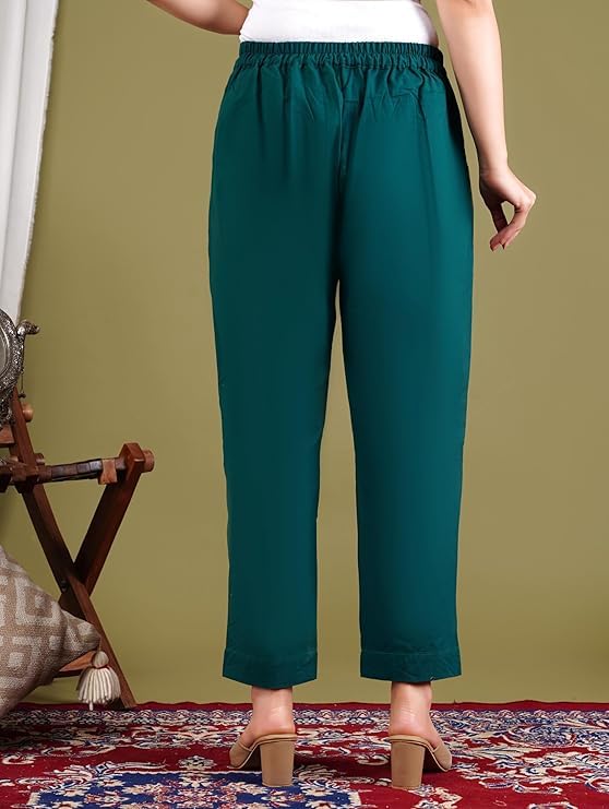 Image of D K W Women's Mid Rise Relaxed Fit Cotton Flex Trousers with Elastic Back & Drawstring - Ideal for Winter, Formal, Office & Casual Wear, Comfortable for Girls and Women