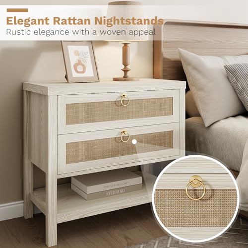 Image of Eclatara Large Rattan Night Stand Set of 2: Boho Nightstand with Drawers and Storage Shelf, White Bedside Table End Table Side Table for Bedroom(Cream White Oak,2 Pieces)